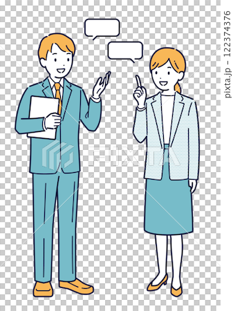 笑顔で会話するビジネスパーソンのイラスト＿全身 122374376