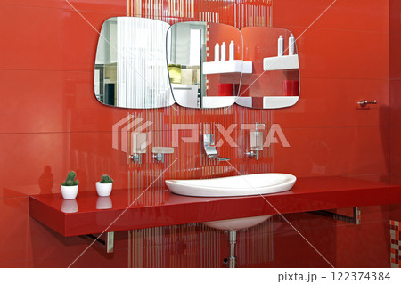 Red bathroom wall Red bathroom wall 122374384