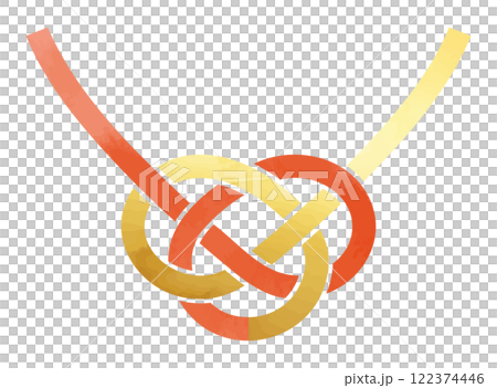 Gold and red abalone knot, awaji knot mizuhiki ribbon_watercolor style vector illustration 122374446