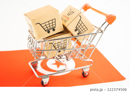Box with shopping online cart logo and Tunisia flag, Import Export Shopping online or commerce finance delivery service store product shipping, trade, supplier. 122374506