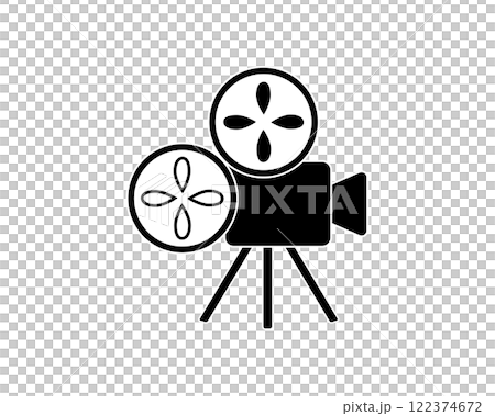 Simple black and white illustration of a movie projector (with white border) 122374672
