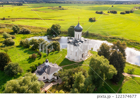 Drone view of the ancient Church of the Intercession on the Nerl in the Vladimir region Drone view of the ancient Church of the Intercession on the Nerl in the Vladimir region 122374677