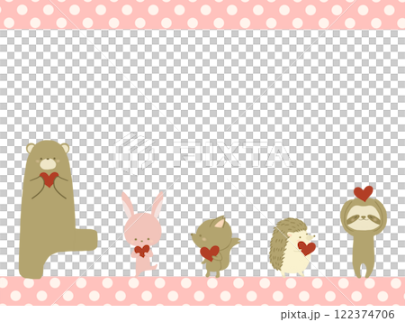 赤いハートを持って立つ動物たちのフレーム 122374706