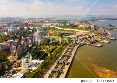 Aerial view of Kazan on bank of Volga with Kremlin, Tatarstan, Russia 122374902