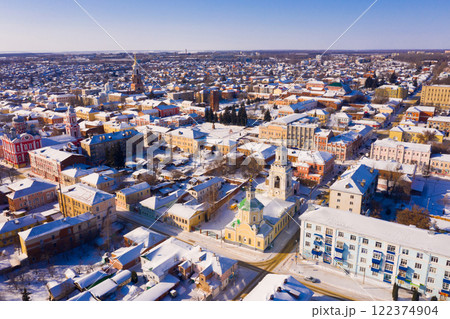 Aerial view of covered with snow Russian city of Yelets on sunny day Aerial view of covered with snow Russian city of Yelets on sunny day 122374904