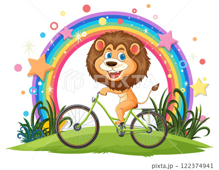Lion Riding Bicycle Under Rainbow 122374941