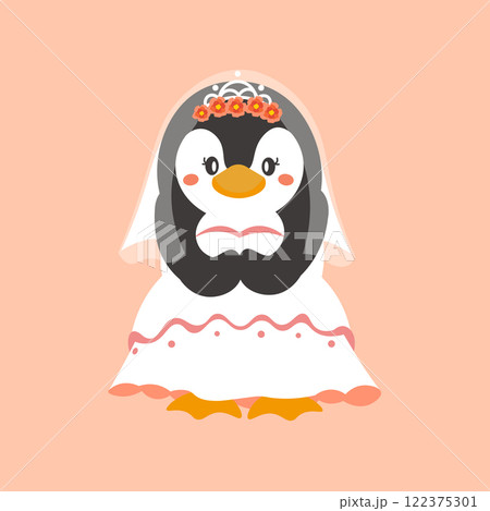 背景付き、ウェディングドレスを着たペンギンのベクターイラスト 122375301
