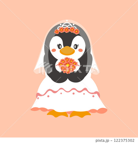 背景付き 花束を手に、ウェディングドレス姿のペンギンのベクターイラスト 122375302