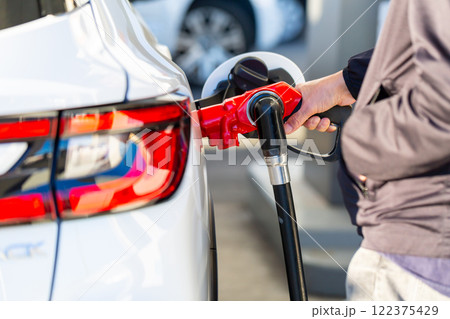 ガソリンスタンドで給油をする男性 122375429