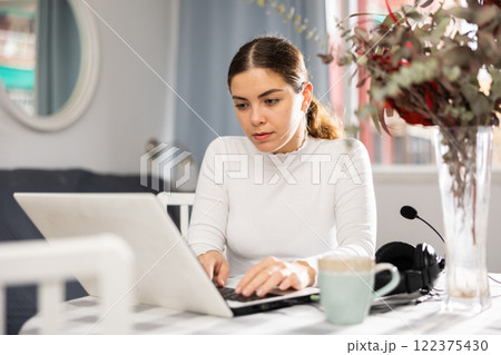 Woman working from home having video conference Woman working from home having video conference 122375430