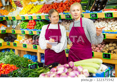 Saleswoman instructing daughter before starting work in family store Saleswoman instructing daughter before starting work in family store 122375542