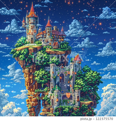 Fantasy Castle on Floating Cliff at Night 122375570