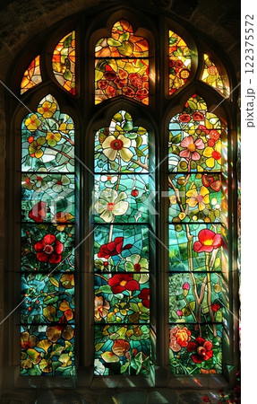 Colorful Floral Stained Glass Window Design Colorful Floral Stained Glass Window Design 122375572