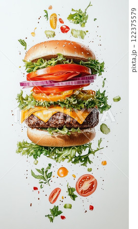 Delicious Cheeseburger with Floating Ingredients 122375579