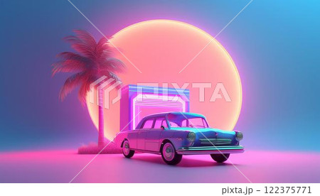 3Dオールドファッションの車とネオンライトの背景、椰子の木とファンタジックな構図 3Dオールドファッションの車とネオンライトの背景、椰子の木とファンタジックな構図 122375771