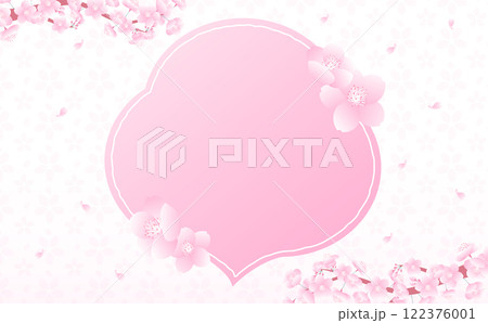 カードやバナー広告に使いやすい春の桜の花びらが舞うおしゃれな吹き出し付き背景・バックグラウンド 122376001