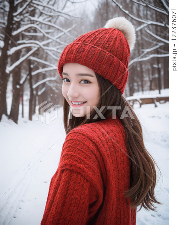 ニット帽をかぶって雪道を散歩する女性 122376071