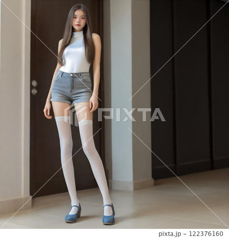 玄関前で写真撮影するスリムで長脚長髪のモデル 122376160