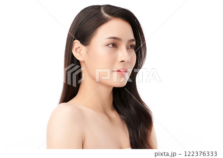 Beautiful young asian woman with clean fresh skin on white background, Face care, Facial treatment, Cosmetology, beauty and spa, Asian women portrait. Beautiful young asian woman with clean fresh skin on white background, Face care, Facial treatment, Cosmetology, beauty and spa, Asian women portrait. 122376333