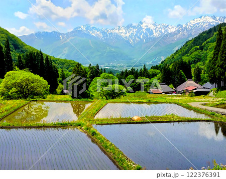 白馬三山を映す水田 白馬三山を映す水田 122376391