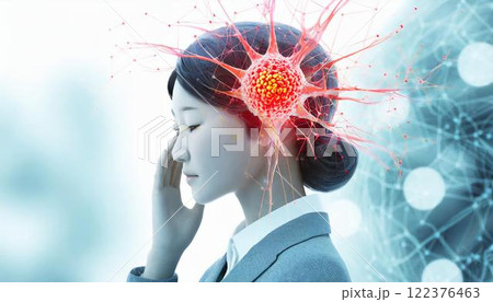脳に痛み、頭痛を抱える女性の3D CGイラスト  脳腫瘍、癌、脳卒中、脳梗塞のイメージ 脳に痛み、頭痛を抱える女性の3D CGイラスト  脳腫瘍、癌、脳卒中、脳梗塞のイメージ 122376463