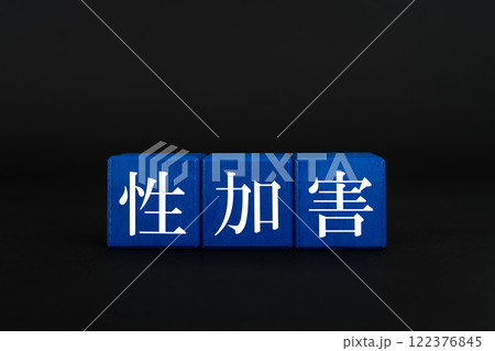 青色のブロックに書かれた性加害の文字 122376845