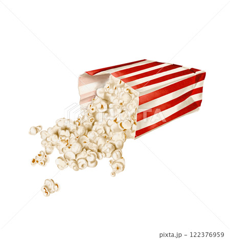 Popcorn spilled out of a paper bag. Classic snack packaging. striped paper bag. Crispy airy popcorn. Watercolor illustration without background. Versatile holiday food.  122376959