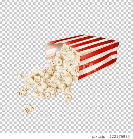Popcorn spilled out of a paper bag. Classic snack packaging. striped paper bag. Crispy airy popcorn. Watercolor illustration without background. Versatile holiday food.  122376959