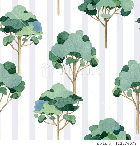 Eucalyptus tree forest seamless pattern. Hand drawn trees with tender color stipe background. Different eucalyptus watercolor painted illustration endless pattern design 122376978