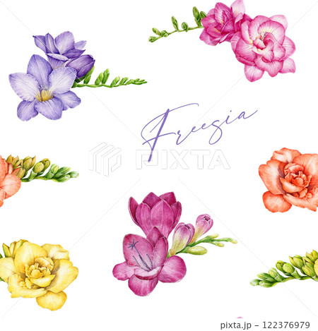 Freesia flowers on white background seamless pattern. Hand drawn springtime blooming flowers watercolor illustration. Freesia elegant blossoms perfect for floral Easter-themed design, packaging 122376979