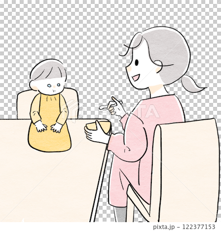 一位婦女鼓勵她的孩子吃飯 122377153