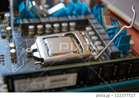 LGA 1156 socket motherboard shot from above close up 122377517