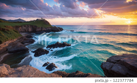 夕日に照らされる海 122377784