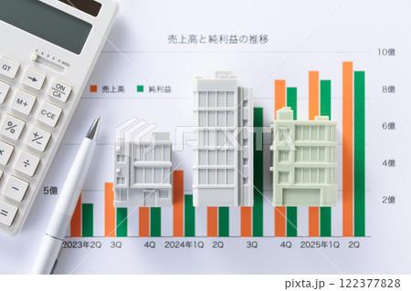 会社の業績グラフと企業ビルと電卓 122377828