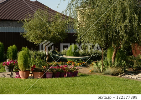green grass, lawn in the garden. Gardening, landscaping green grass, lawn in the garden. Gardening, landscaping 122377899