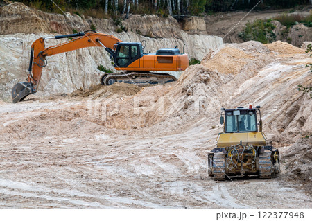 Excavator and bulldozer in clay quarry Excavator and bulldozer in clay quarry 122377948