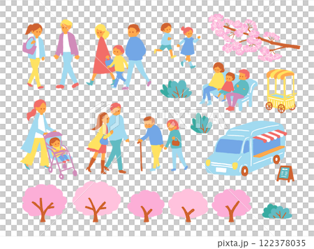 桜とお出かけする人々 122378035