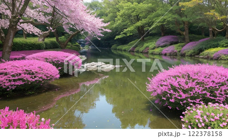 池に映るピンクの八重桜 122378158