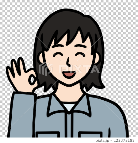 A young woman in work clothes who says OK (smiles) 122378185