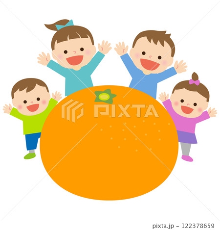 みかんと笑顔のこどもたち：イラスト素材 122378659