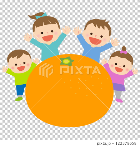 みかんと笑顔のこどもたち：イラスト素材 122378659