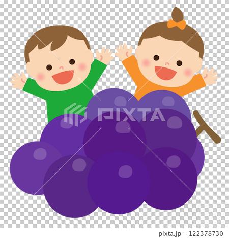 ぶどうと笑顔のこどもたち：イラスト素材 122378730
