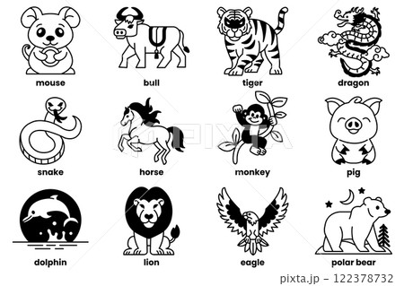Set of illustrations in the concept of animals and zodiacs in line art style 122378732