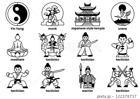set of illustrations in the concept of Chinese warriors in a line style 122378737