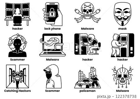 set of illustrations in the concept of hackers in a line style 122378738