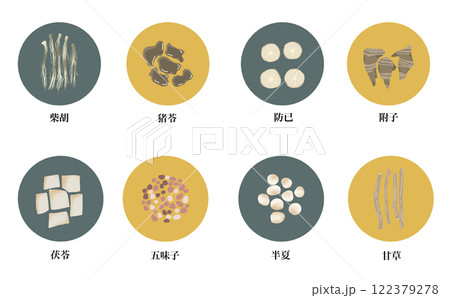 生薬一覧セット 漢方の材料イラスト素材 122379278