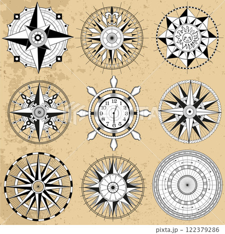 Design vector set with line art old compasses or rose winds with decorative elements, arrows and patterns. Vintage transportation and old adventures concept isolated on white. Design vector set with line art old compasses or rose winds with decorative elements, arrows and patterns. Vintage transportation and old adventures concept isolated on white. 122379286