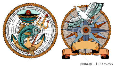 Colorful design vector set with marine emblems of anchor with fish and compass with sea gull and vignette banner. Vintage transportation and old adventures concept isolated on white. 122379295