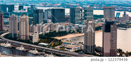 Aerial view of Odaiba Harbor in Tokyo, Japan 122379436