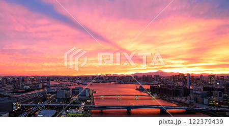 Mount Fuji as seen from Tokyo with dramatic sunset 122379439